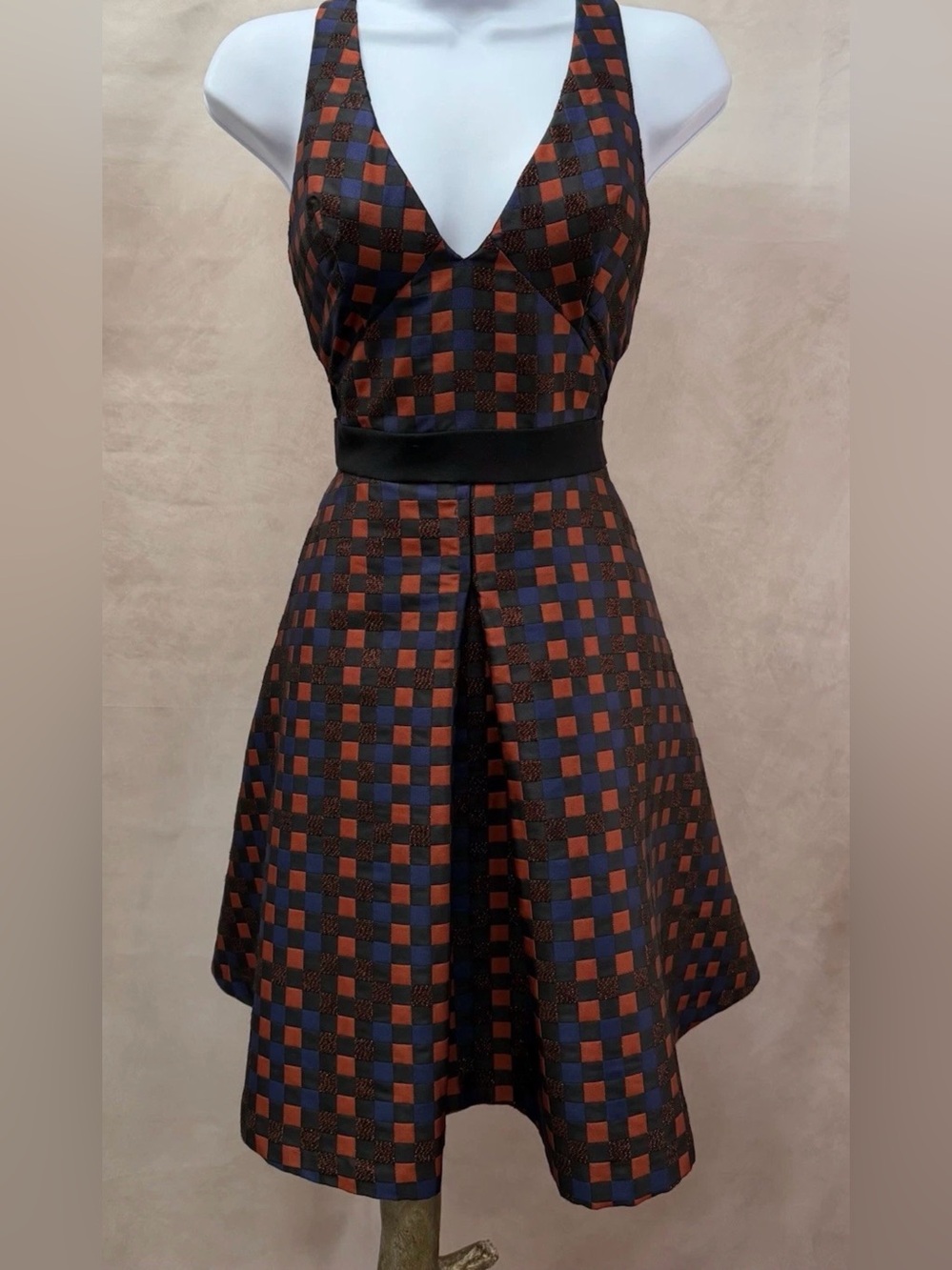 ABS Glitter Black, Rust & Blue Check Mesh Formal Cocktail Party Dress Size 6